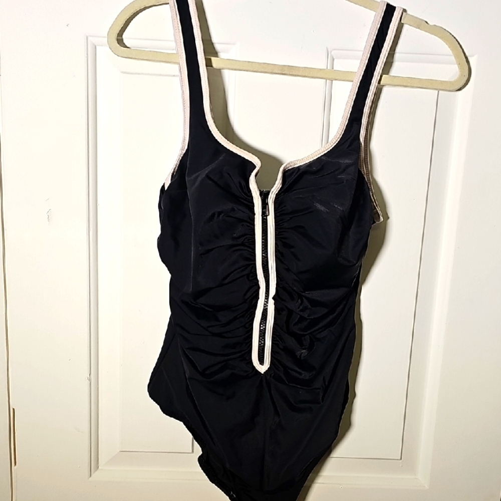 DELIMORA, Black One Piece Swimsuit. size 12. Zipper Down The Front.